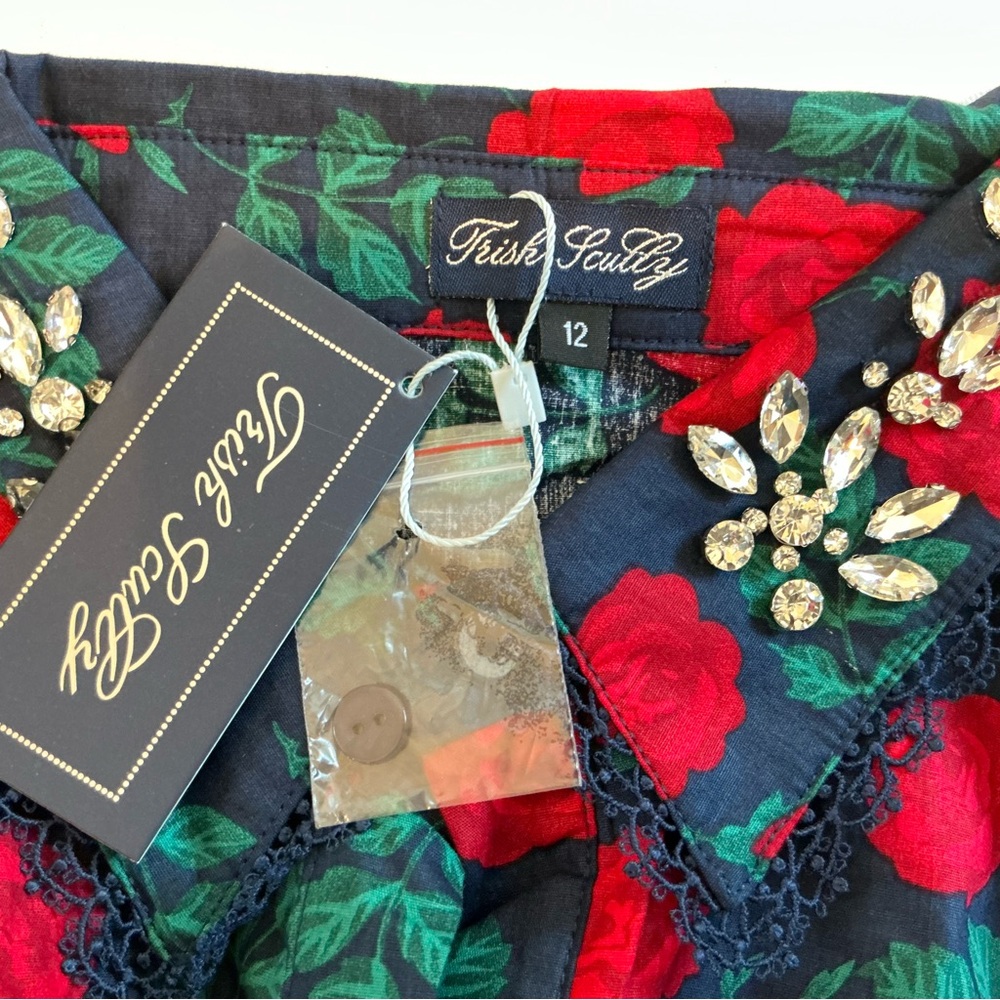 NWT Trish Scully Constance Maxi Dress Navy Rose Floral 12 Rhinestone Long Sleeve - Picture 13 of 17